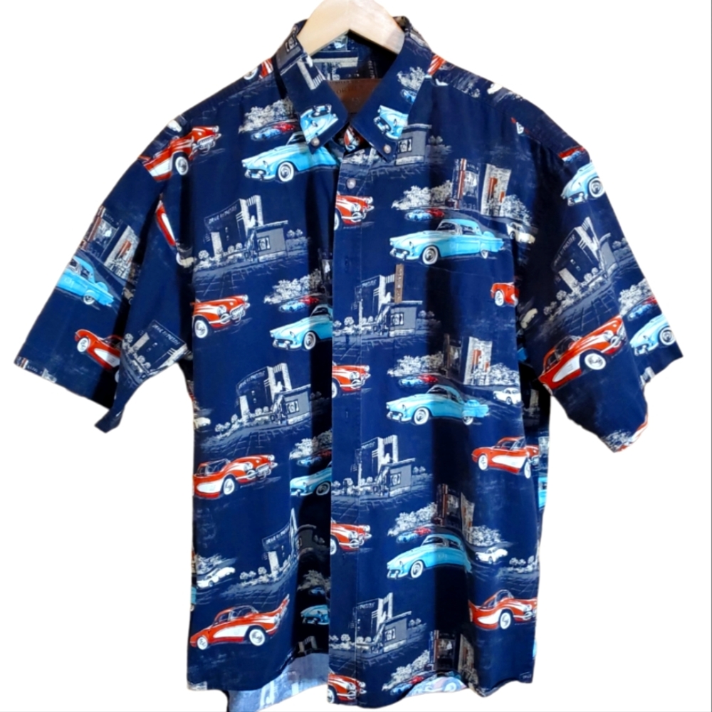 NORTH RIVER L BLACK VINTAGE CAR SCENE SHIRT SLEEVE BUTTON UP SHIRT